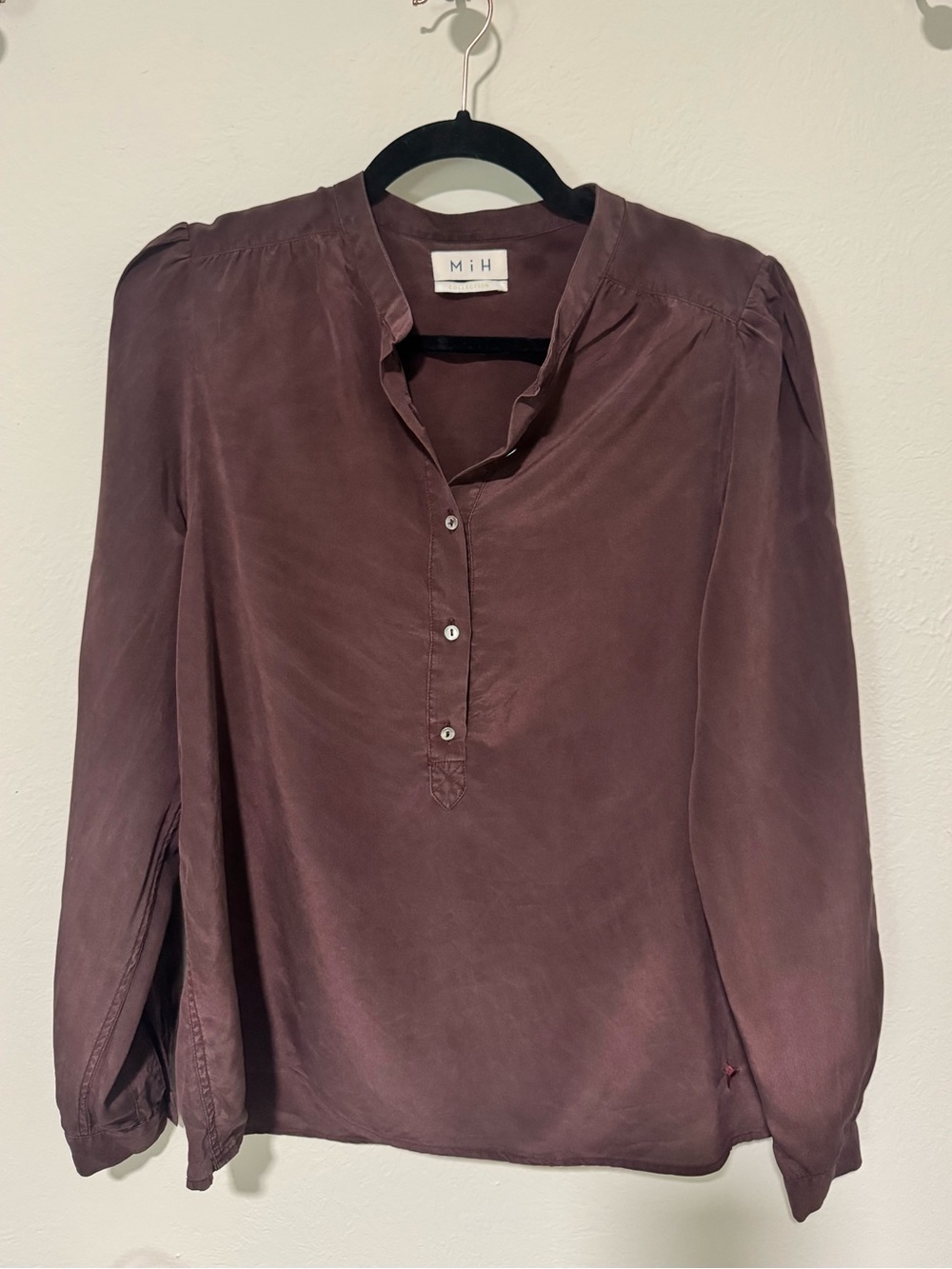 MiH Brown Long-Sleeve Split-Neck 100% Silk Blouse